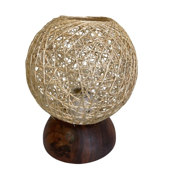 MCM Inspired Nordic Ball Rope Rattan And Wood Small Table Or Desk Lamp - Picture 4 of 9